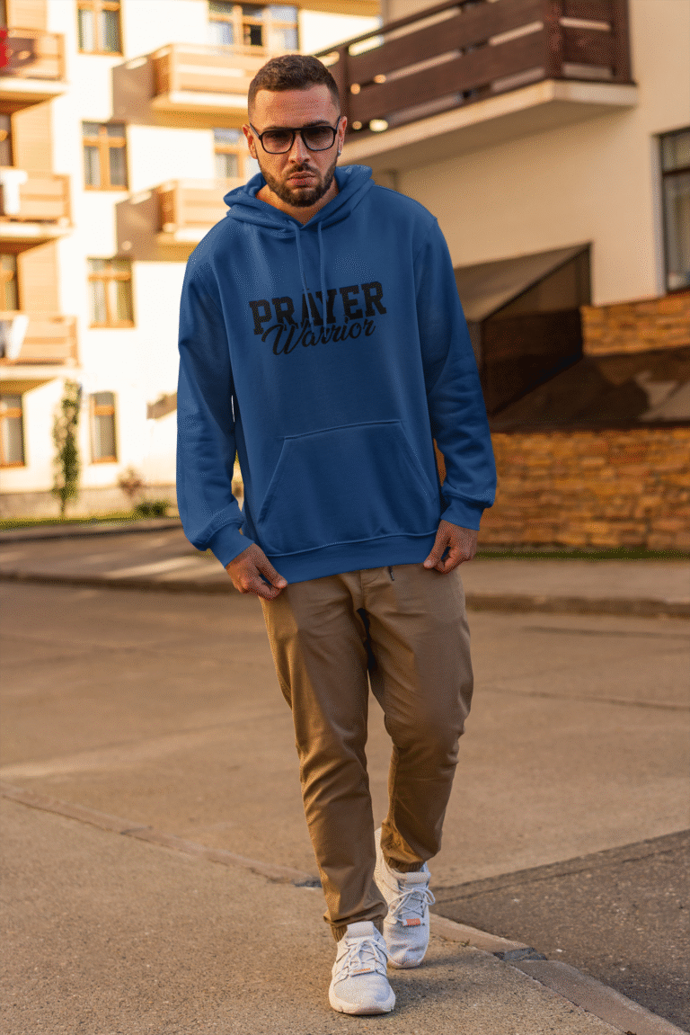 men blue pull over prayer warrior