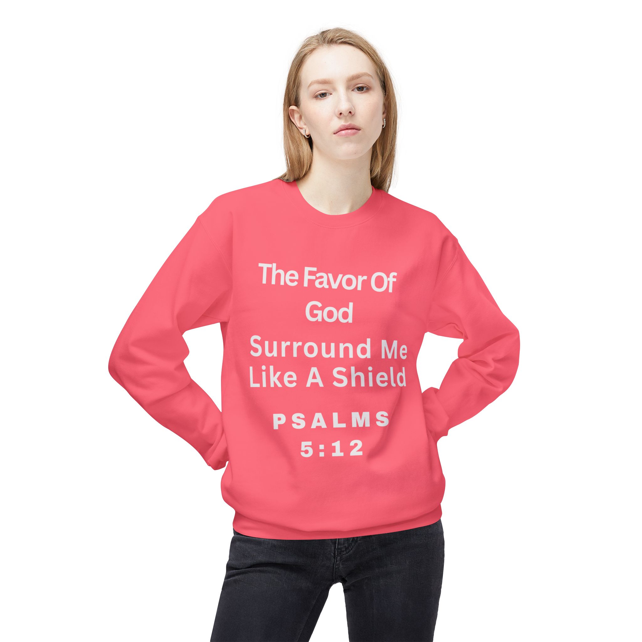 The Favor of God Surrounds Me” women’s sweater Midweight Softstyle Fleece Crewneck Sweatshirt - Image 12