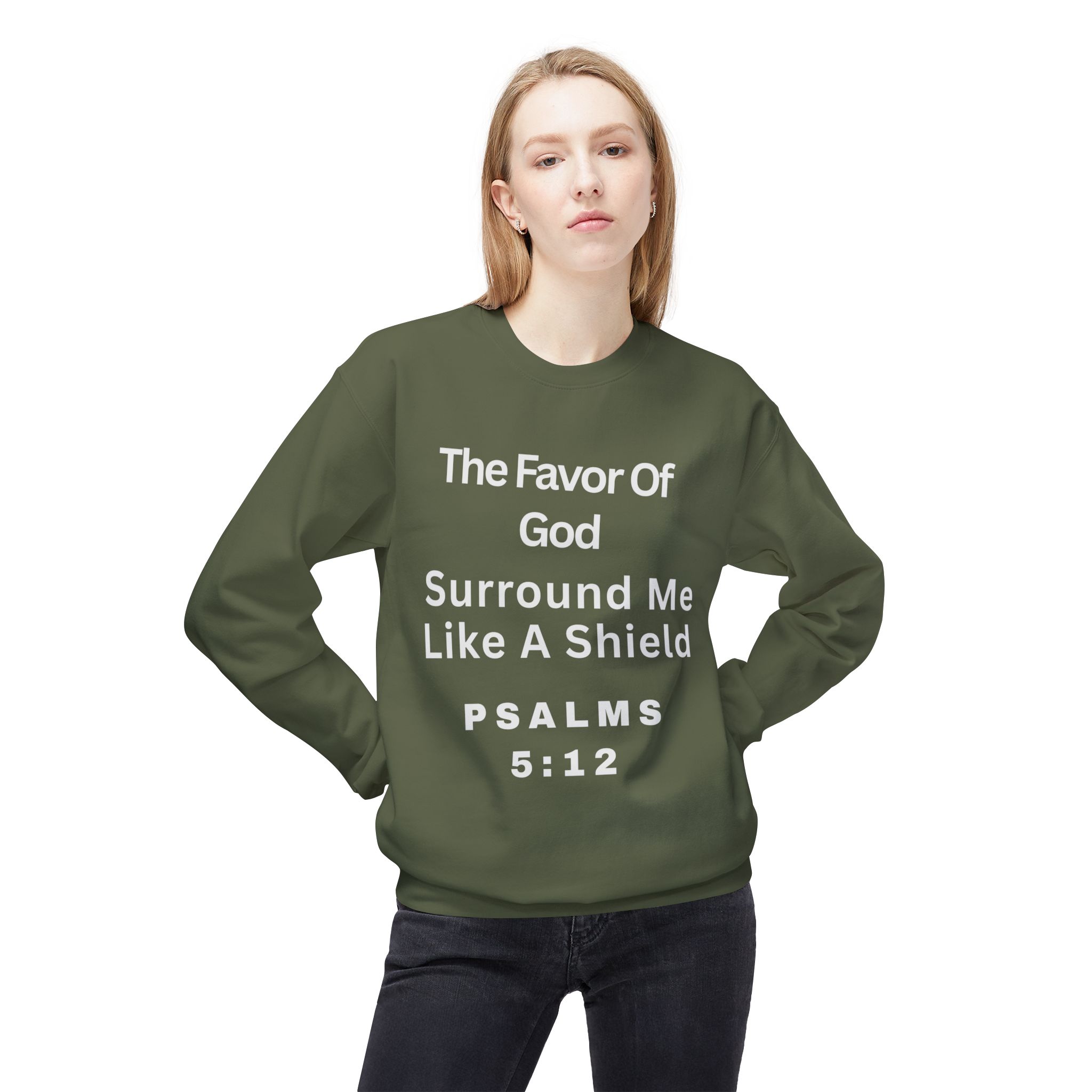 The Favor of God Surrounds Me” women’s sweater Midweight Softstyle Fleece Crewneck Sweatshirt - Image 4